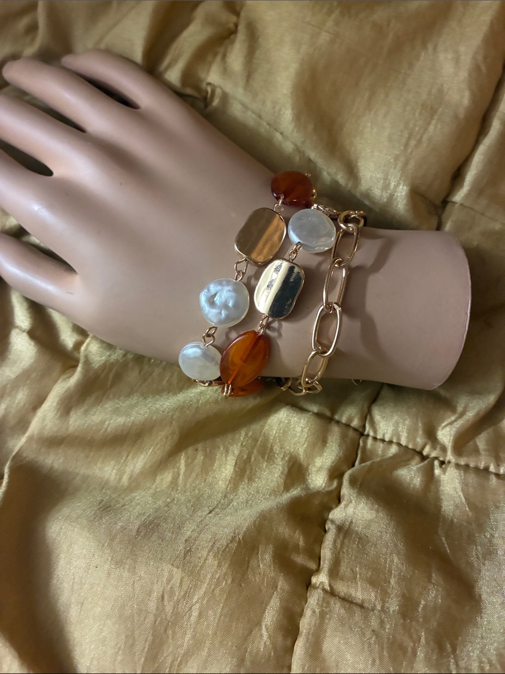 Gold & Amber Bead Link Bracelet Set - Women Jewelry
